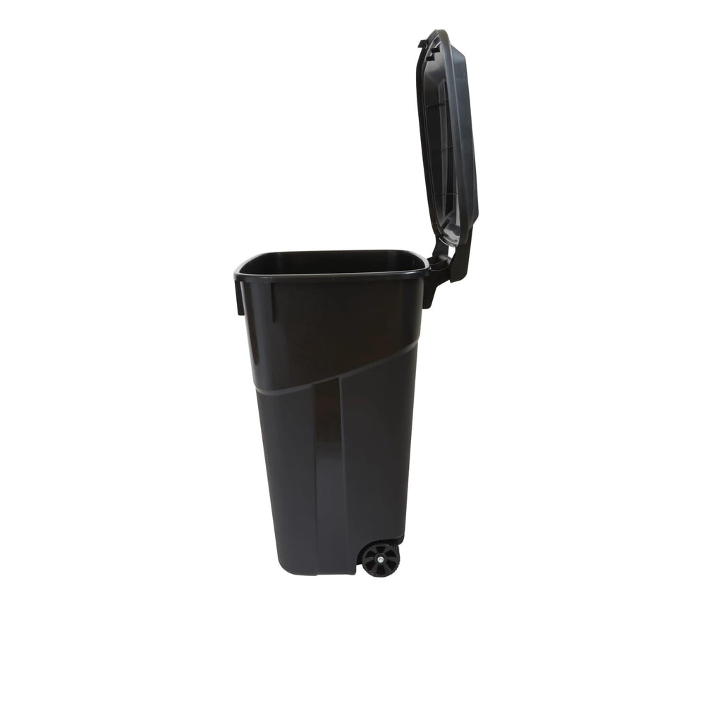32 Gallon Black Wheeled Plastic Garbage Can with Attached Lid L6397