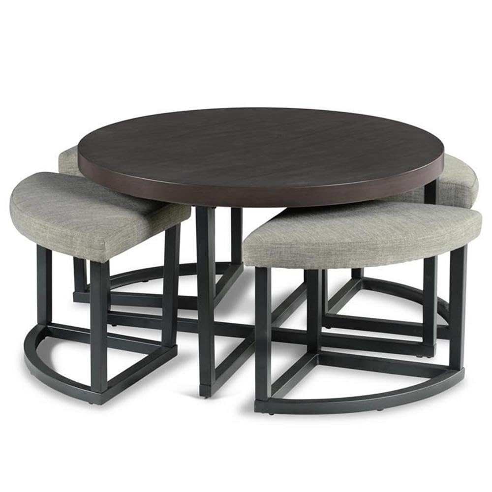 Round Coffee Table Set with 4 Gray Linen Stools I968