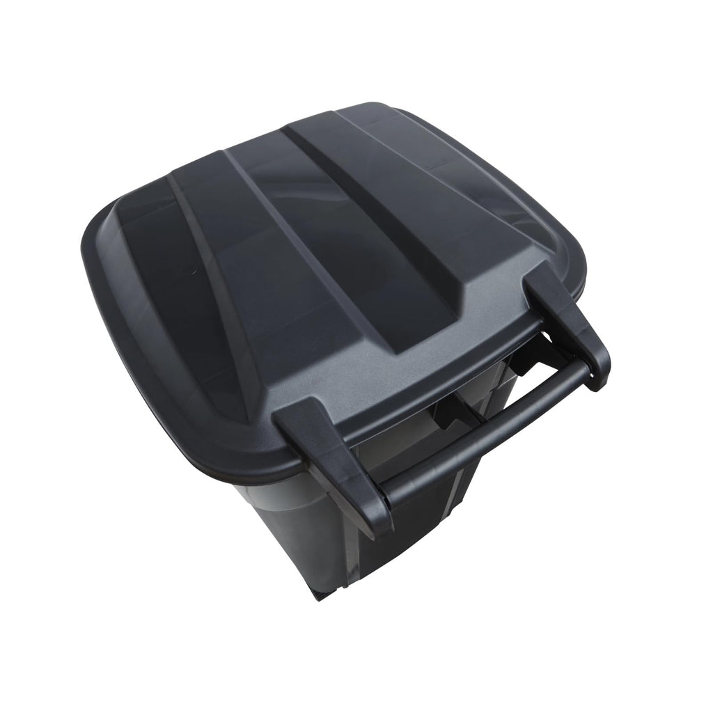 32 Gallon Black Wheeled Plastic Garbage Can with Attached Lid L6397