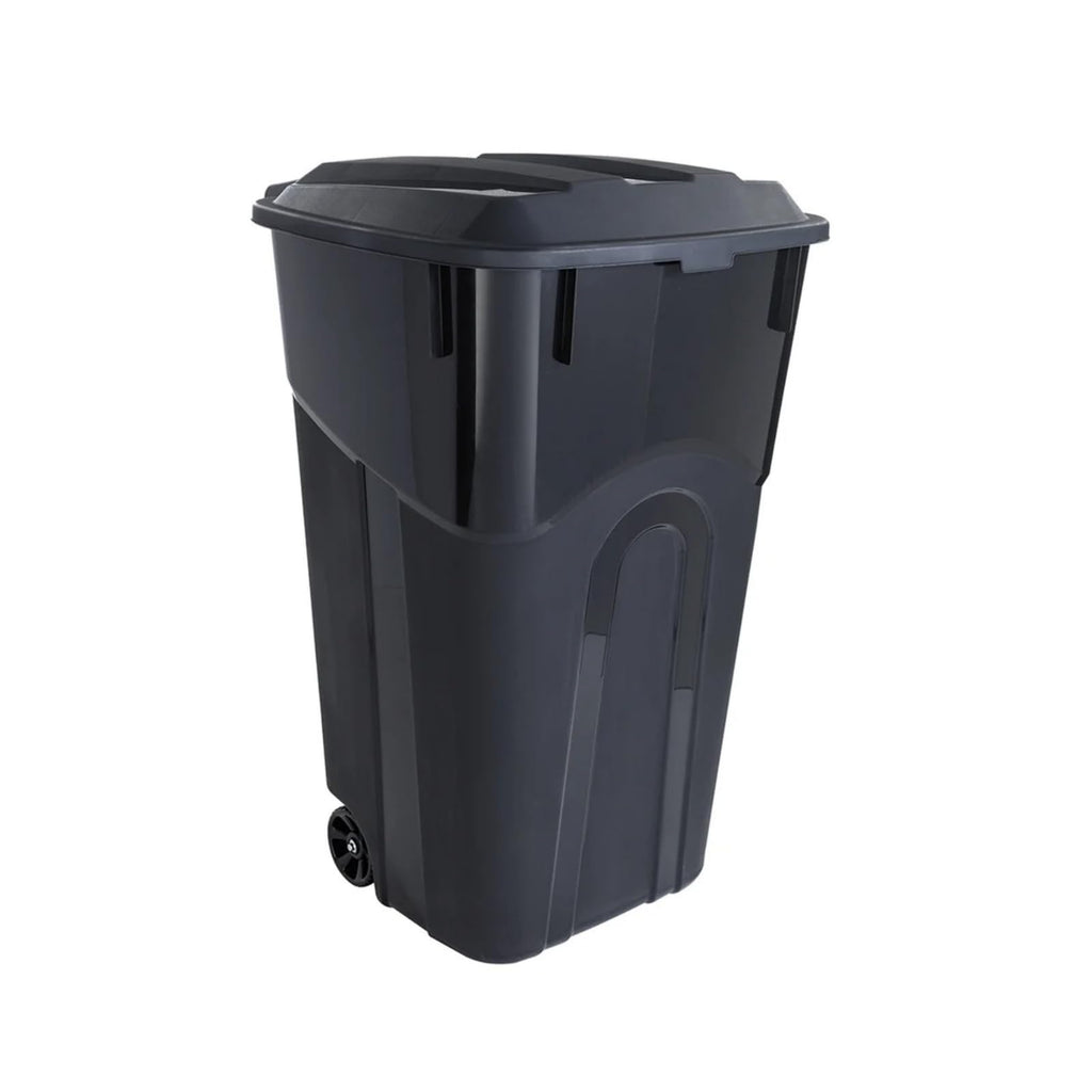 32 Gallon Black Wheeled Plastic Garbage Can with Attached Lid L6397