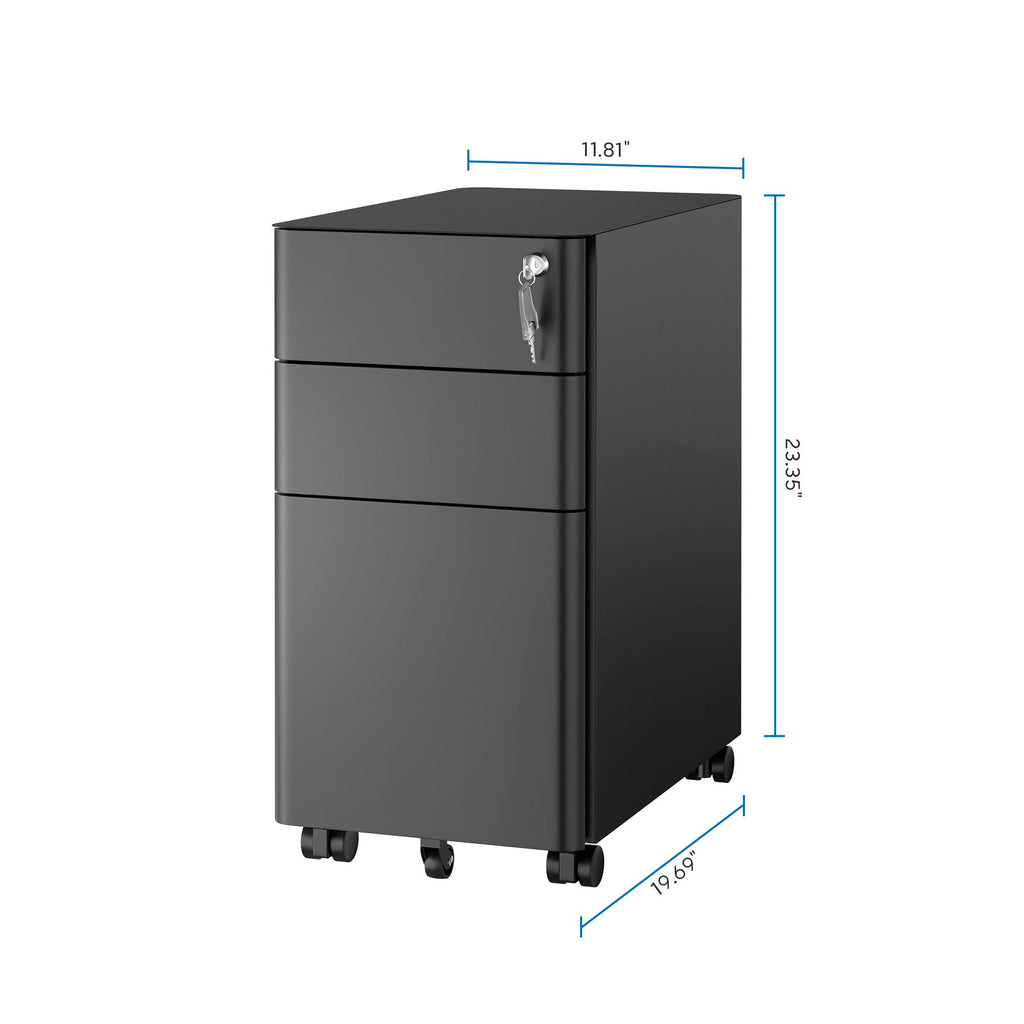 Black 3 Drawer Rolling File Cabinet with Lock M537