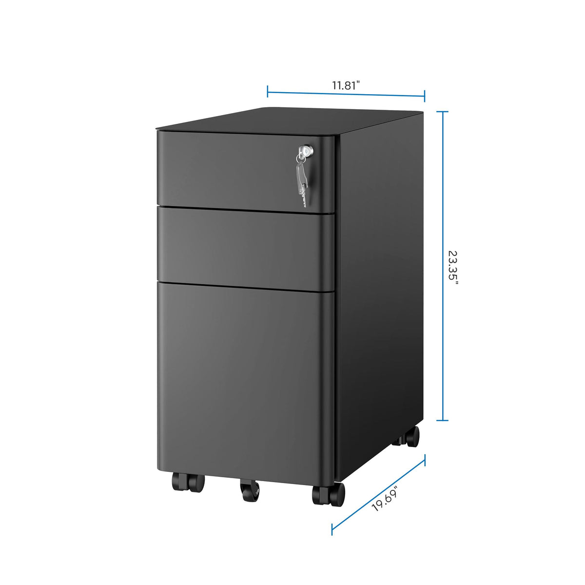 Black 3 Drawer Rolling File Cabinet with Lock M537