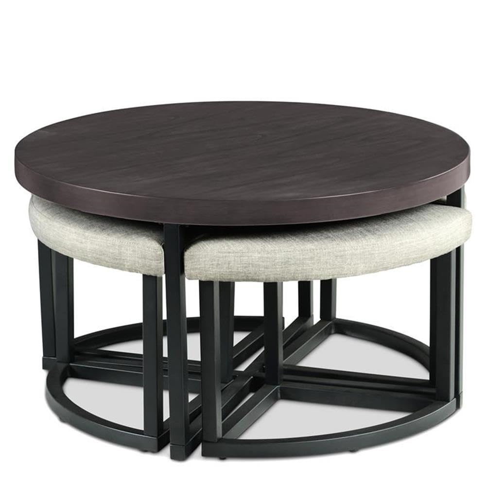 Round Coffee Table Set with 4 Gray Linen Stools I968