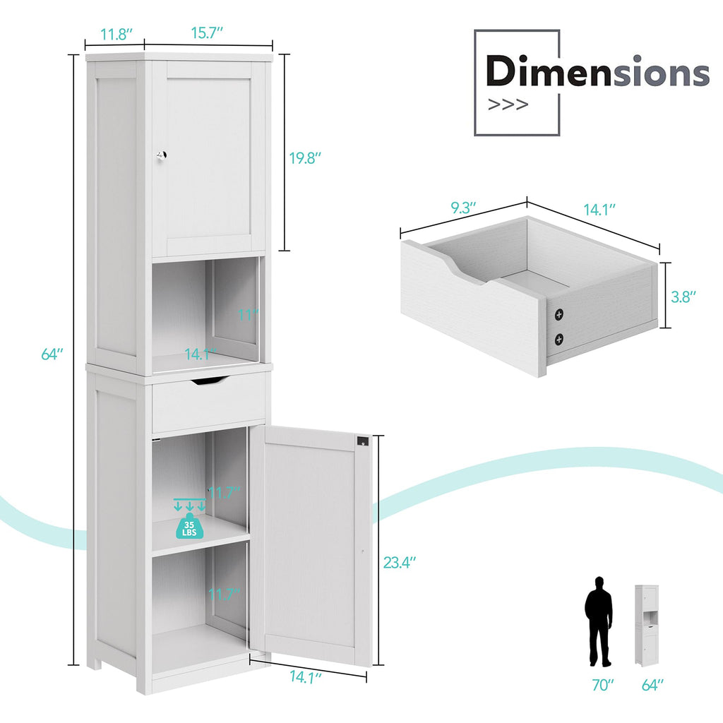Tall Narrow Bathroom Storage Cabinet with Adjustable Shelves, White E1333