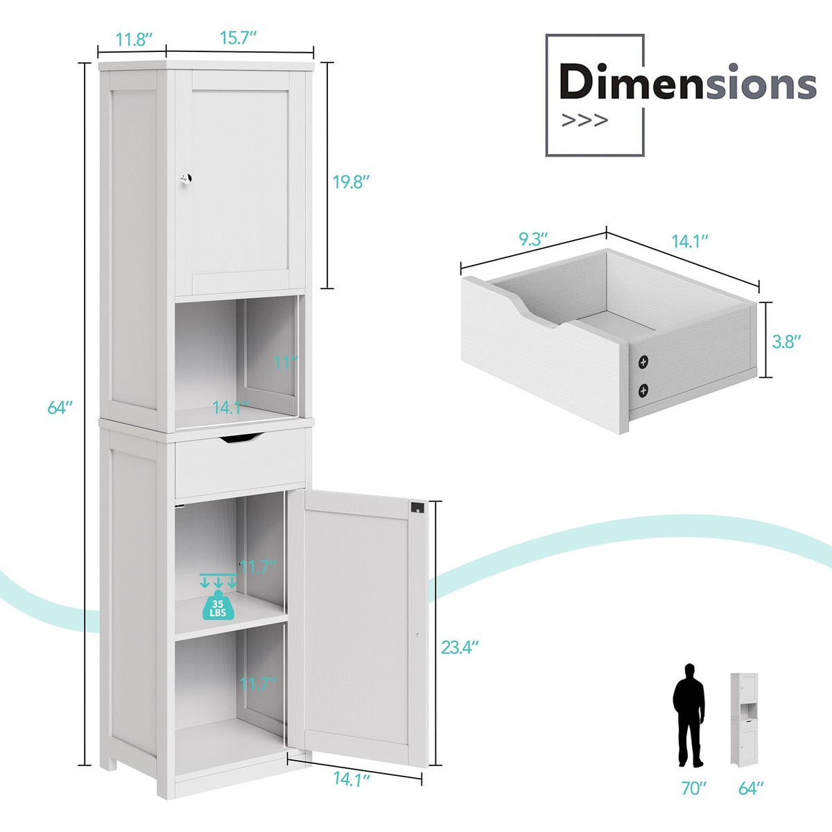 Tall Narrow Bathroom Storage Cabinet with Adjustable Shelves, White E1333