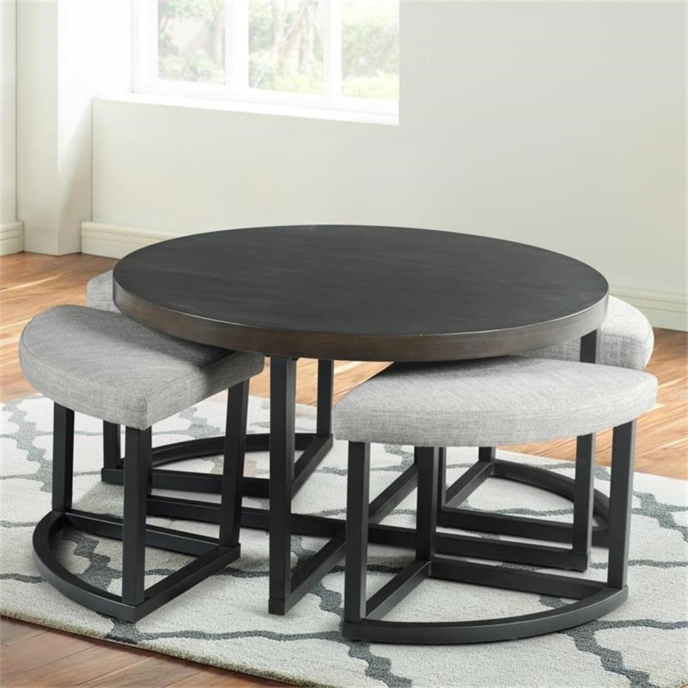 Round Coffee Table Set with 4 Gray Linen Stools I968