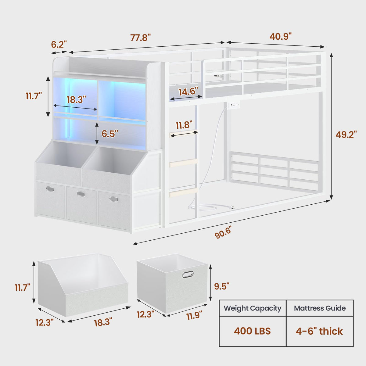 Twin Over Twin Bunk Bed with Bookshelf and Drawers E5949
