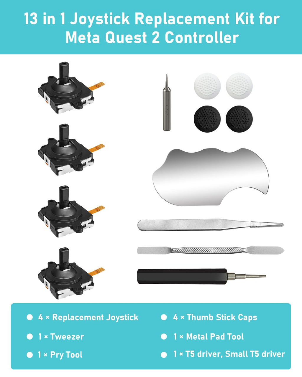 Joystick Replacement Kit for Controller, Include 2 Joysticks, T5 Screwdriver, Tweezer, Pry Tool, 4 Thumbstick Grips Q4067