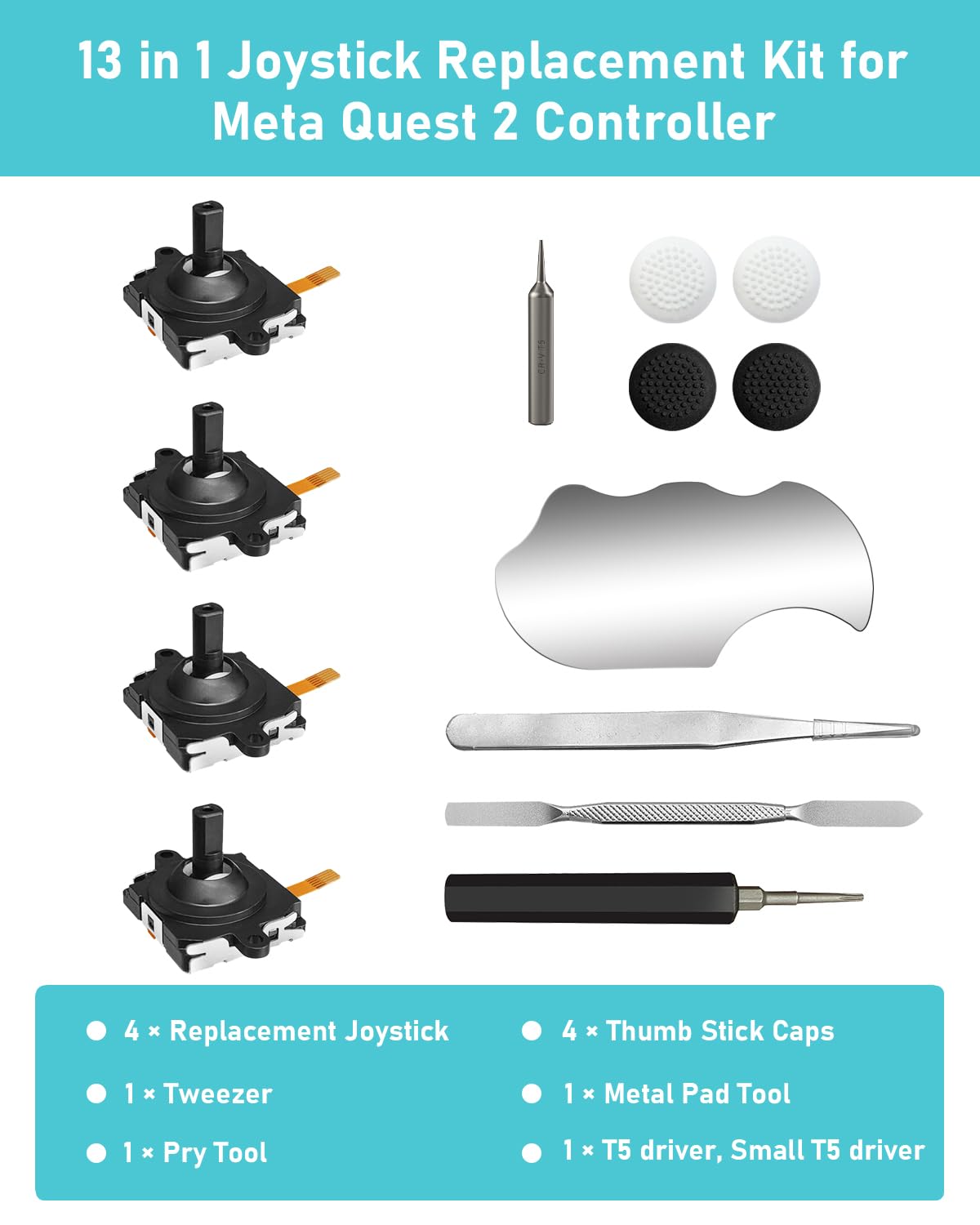 Joystick Replacement Kit for Controller, Include 2 Joysticks, T5 Screwdriver, Tweezer, Pry Tool, 4 Thumbstick Grips Q4067