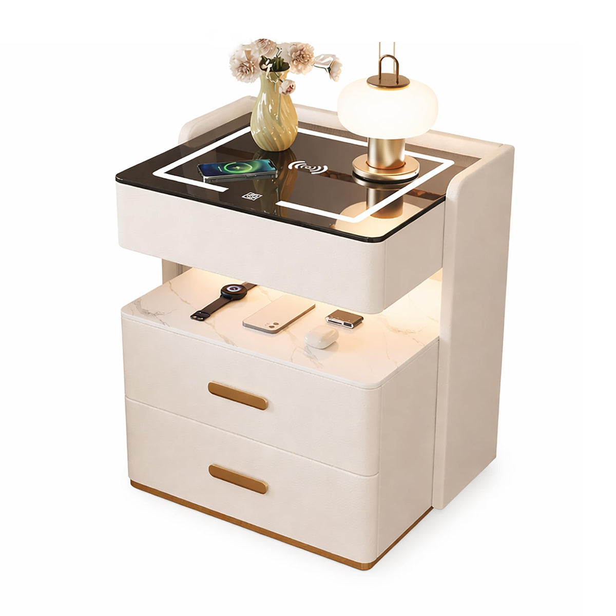 Smart Nightstand with 2 Storage Drawer, Wireless Charging Station, 3-Color Adjustable LED Light, Solid Wood Side Table K7391