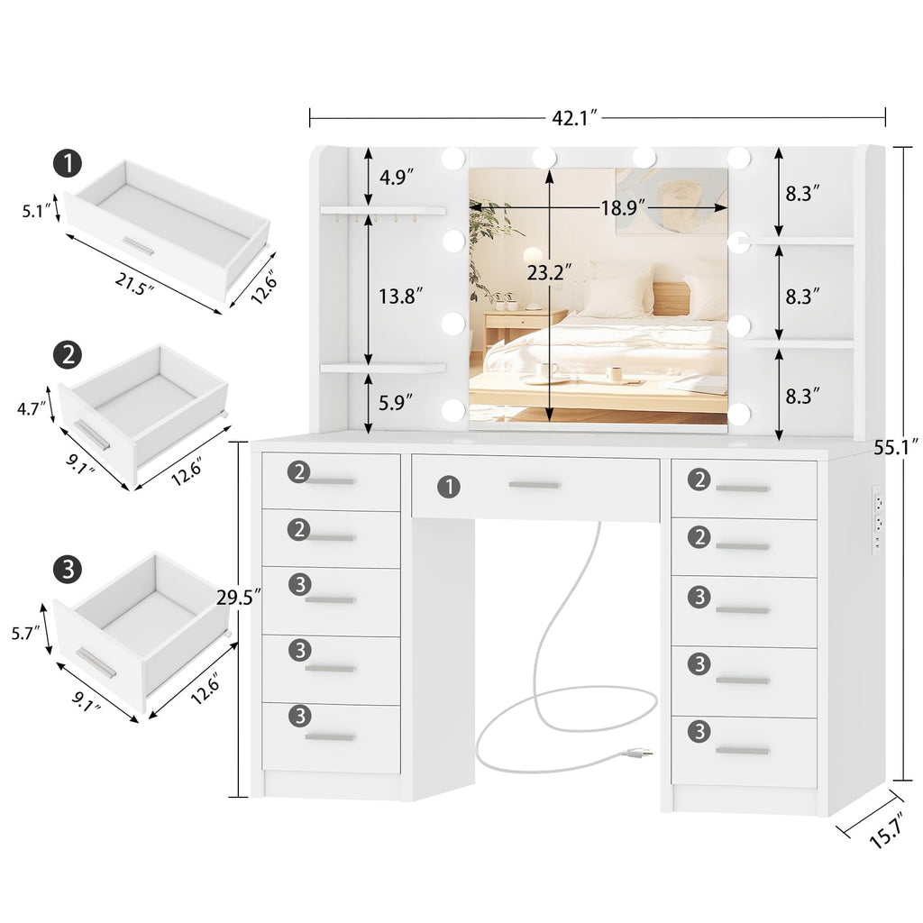 White Vanity Desk with Mirror and Lights M386
