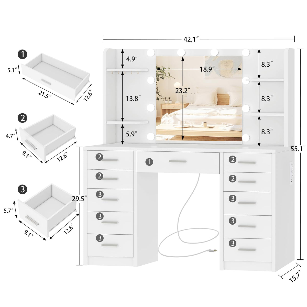 White Vanity Desk with Mirror and Lights M386