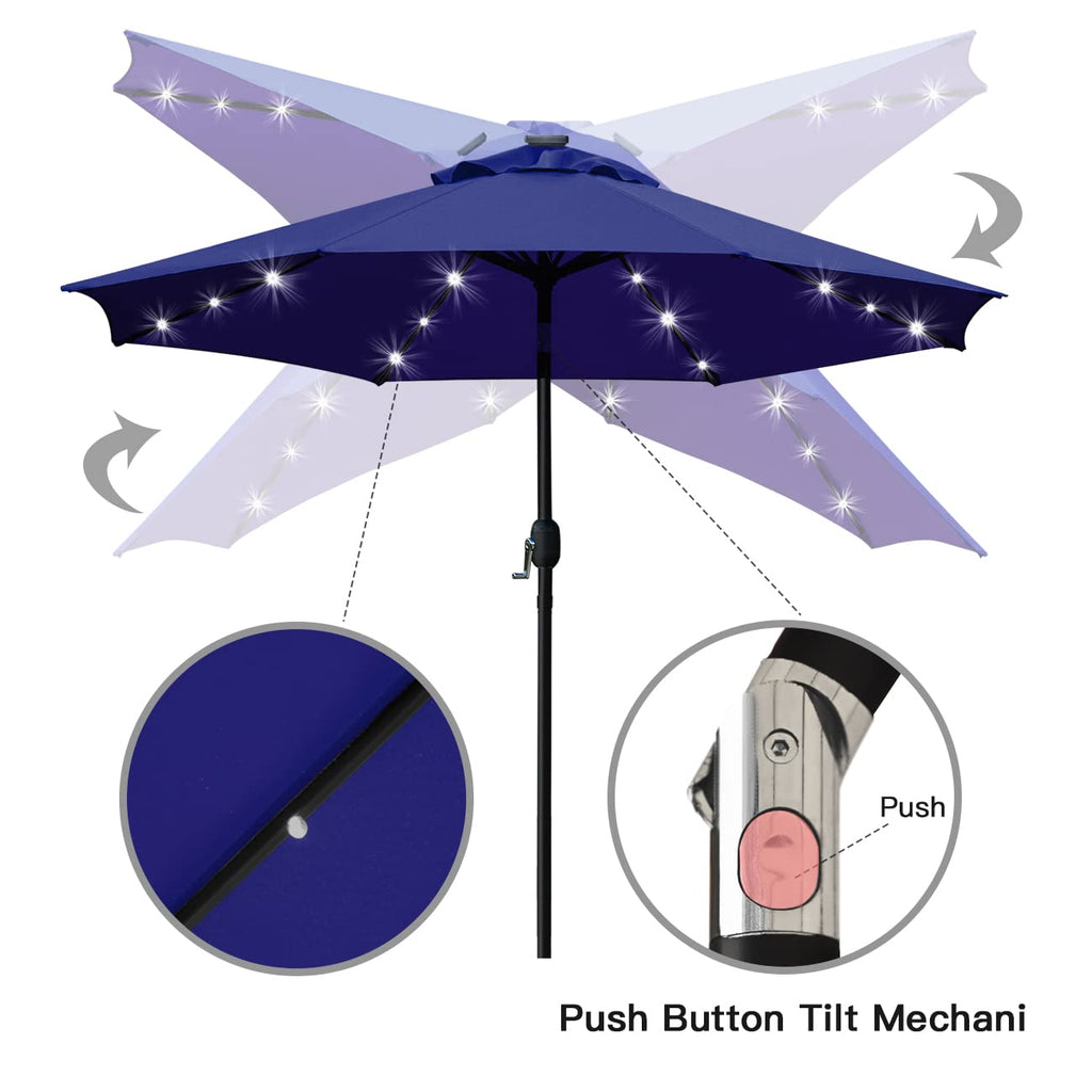 9' Solar LED Patio Umbrella, 8 Ribs, Tilt & Crank (Navy Blue) B6284