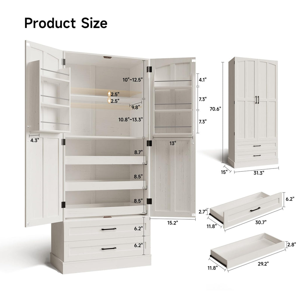 71" Off-White Kitchen Pantry Cabinet with 3 Pull-Out Shelf & 2 Drawer R203261
