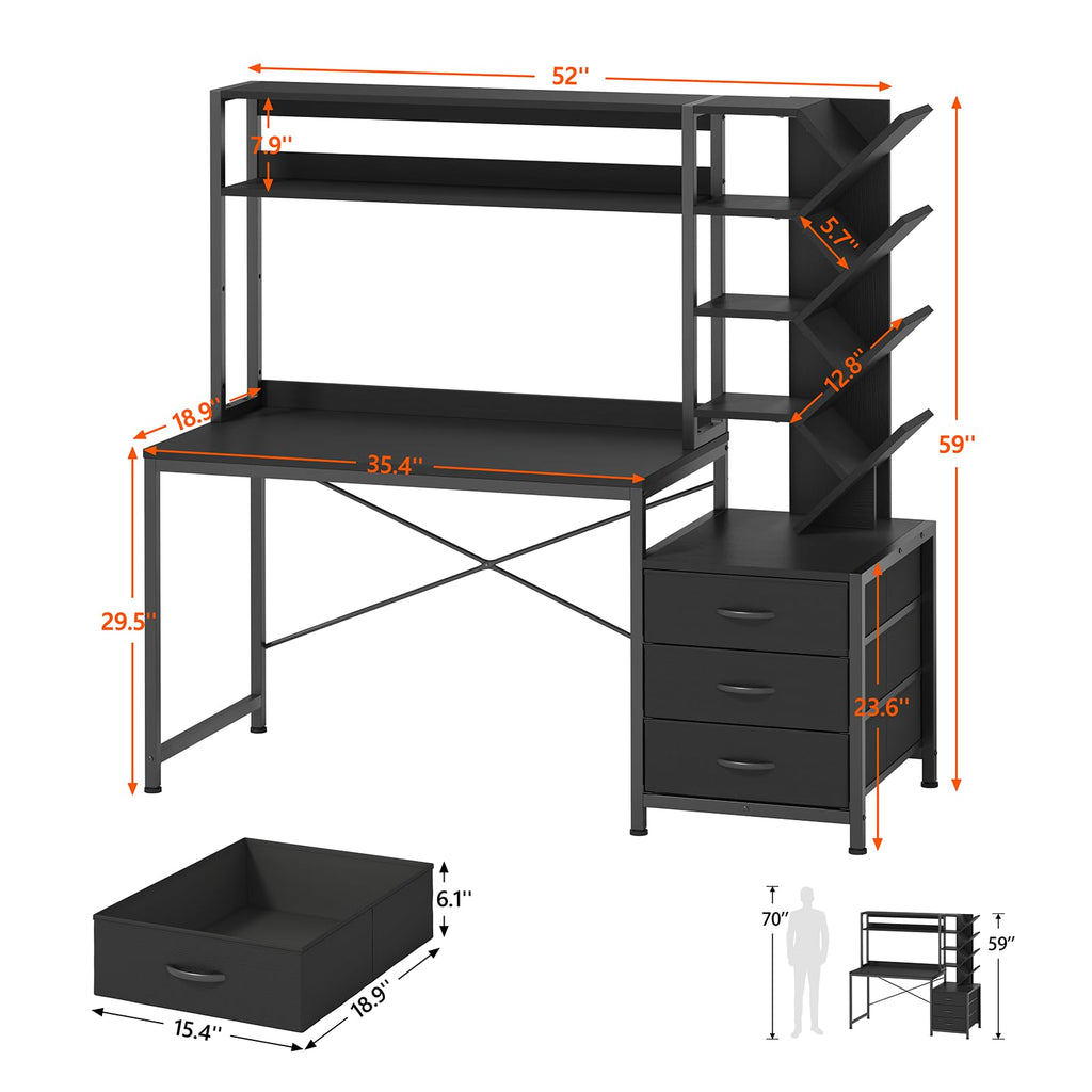 52" Computer Desk with Bookshelf, 3 Drawers & Hutch A305737