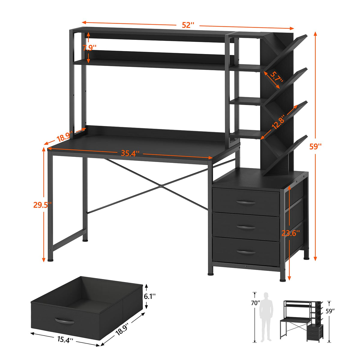 52" Computer Desk with Bookshelf, 3 Drawers & Hutch A305737