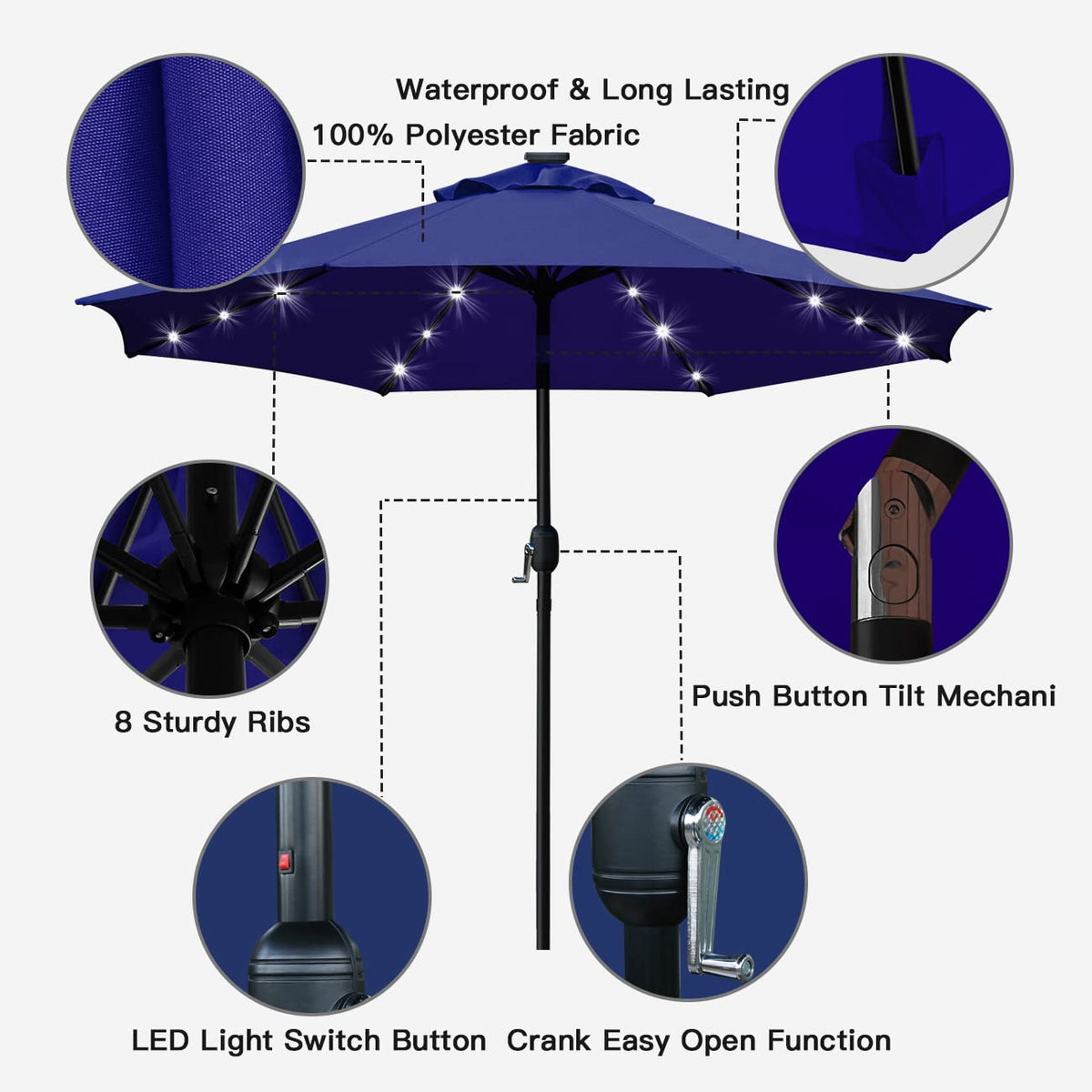 9' Solar LED Patio Umbrella, 8 Ribs, Tilt & Crank (Navy Blue) B6284