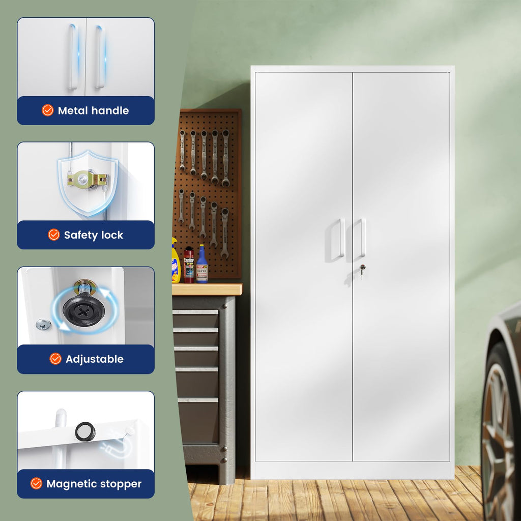 White Metal Storage Cabinet with 2 Doors and 5 Adjustable Shelves I49957