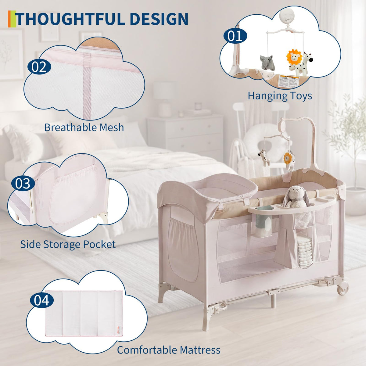 4 in 1 Pack and Play with Bassinet, Changing Table, Playpen and Carry Bag A60173