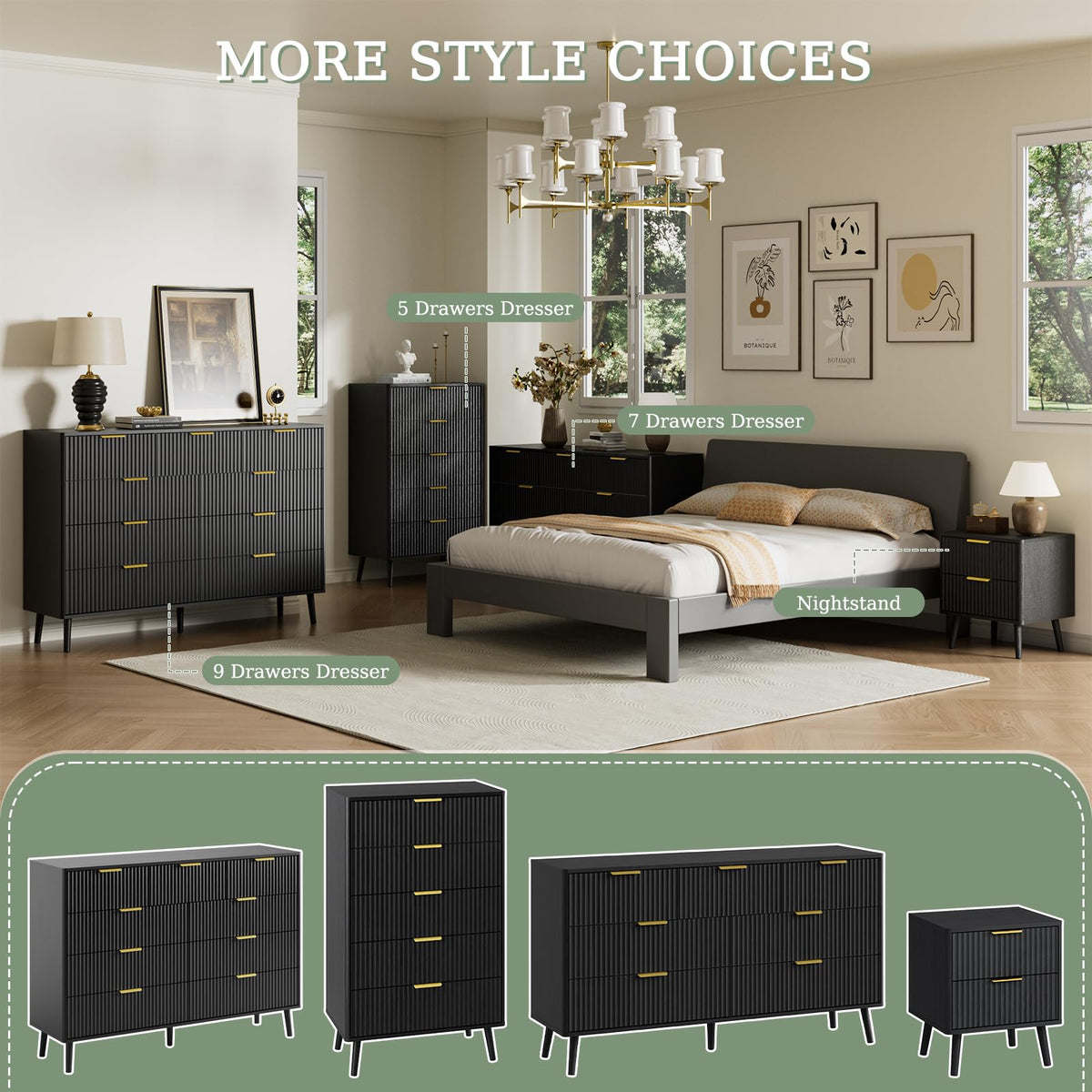 Black 9 Drawer Fluted Wood Dresser P1351
