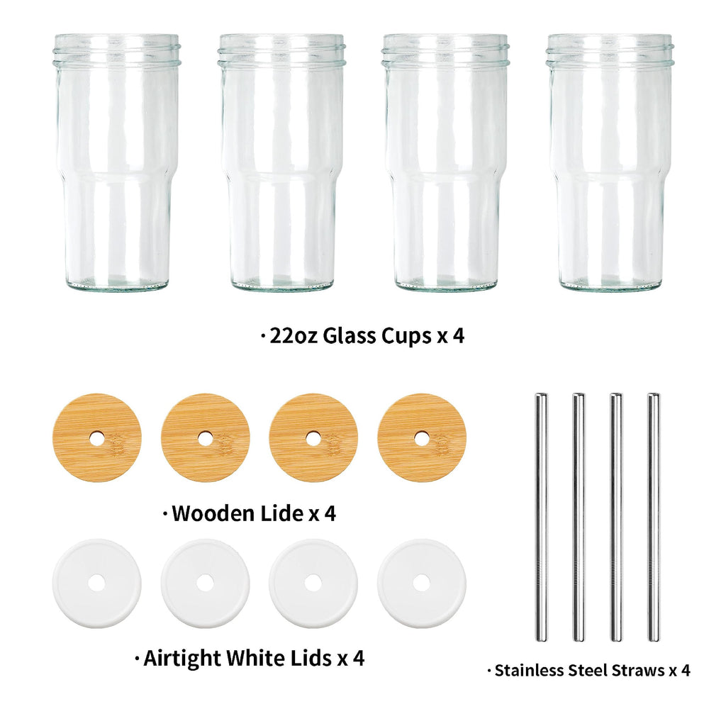 Glass Cups Set of 4 22oz Mason Jar Drinking Glasses with Bamboo Lids & Straws M985998