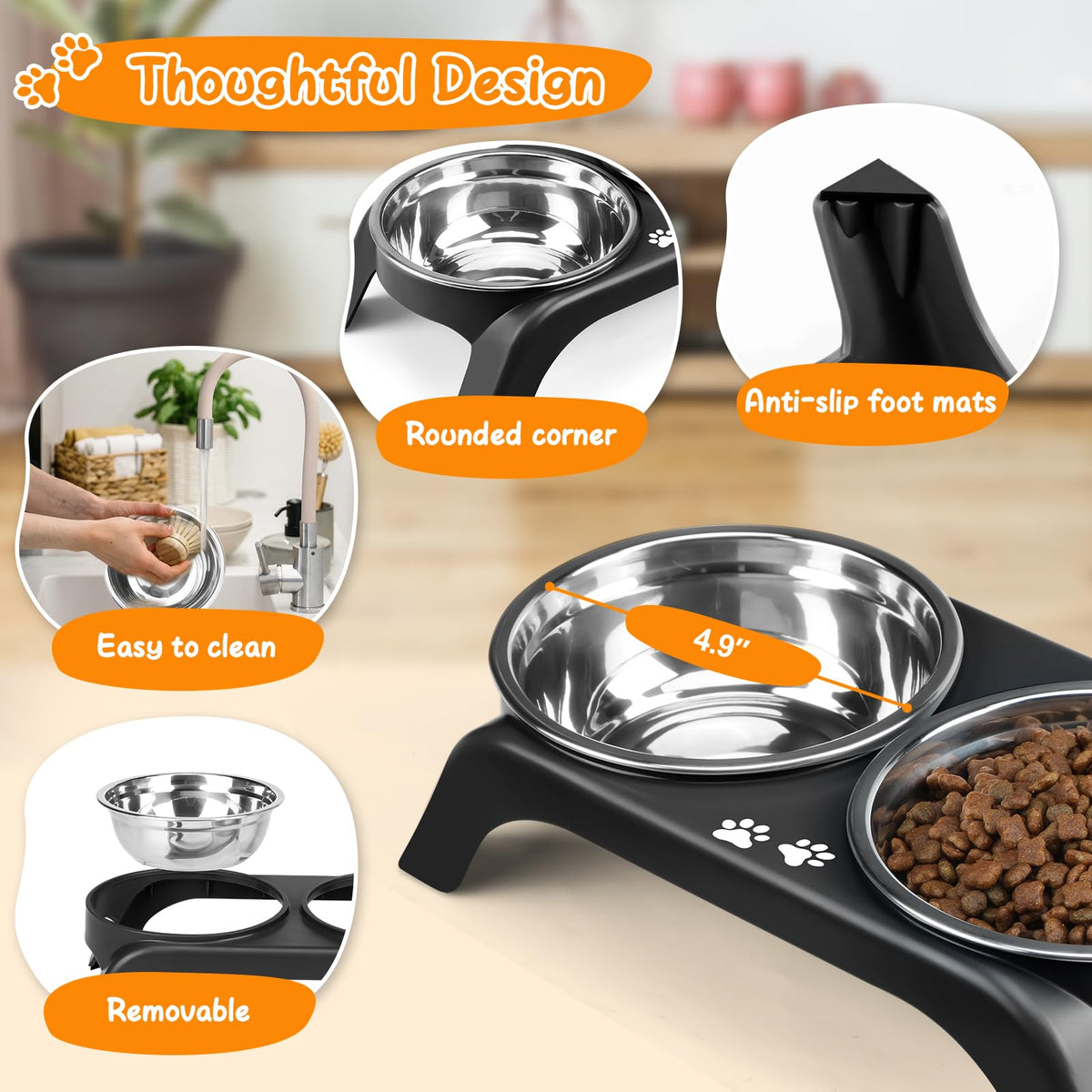 Elevated Dog Bowls with 5” Stainless Steel Bowls Black U2893