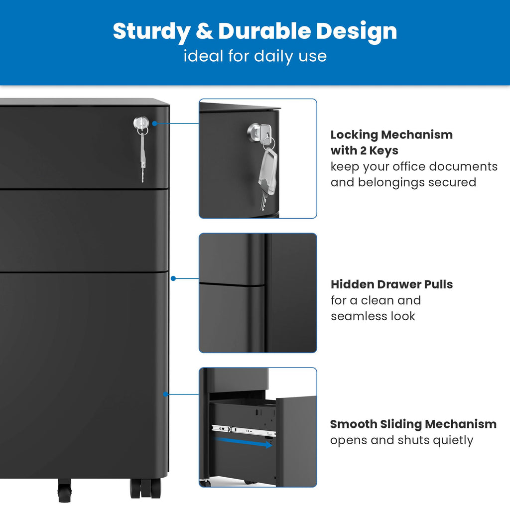 Black 3 Drawer Rolling File Cabinet with Lock M537