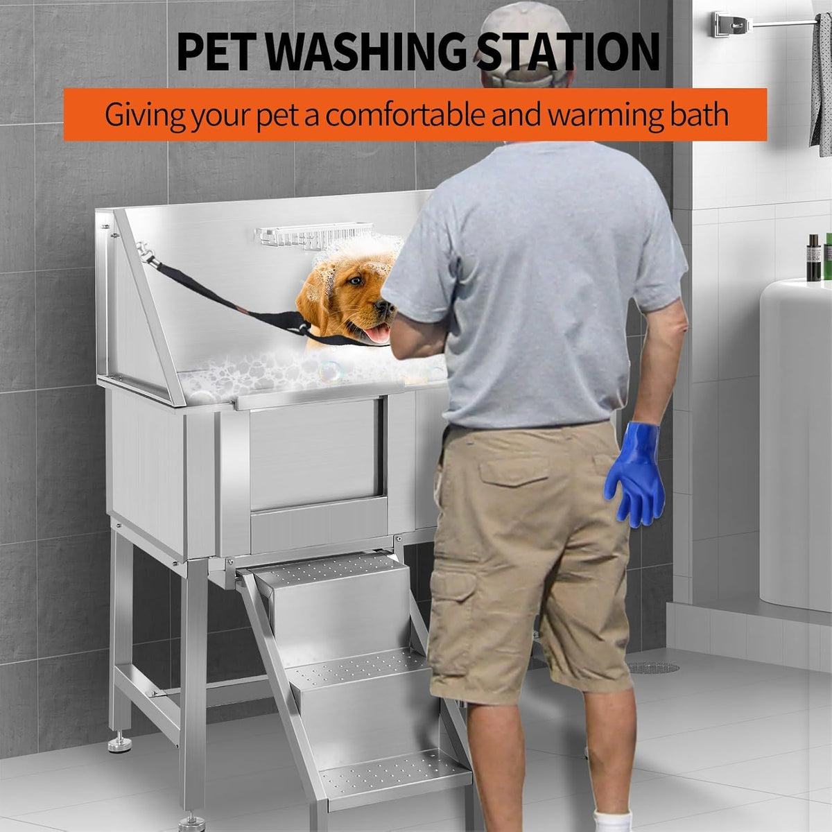 38" Stainless Steel Dog Grooming Tub with Ramp L556208