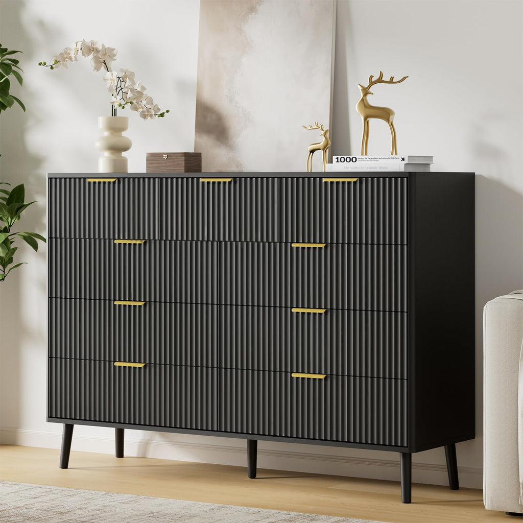 Black 9 Drawer Fluted Wood Dresser P1351