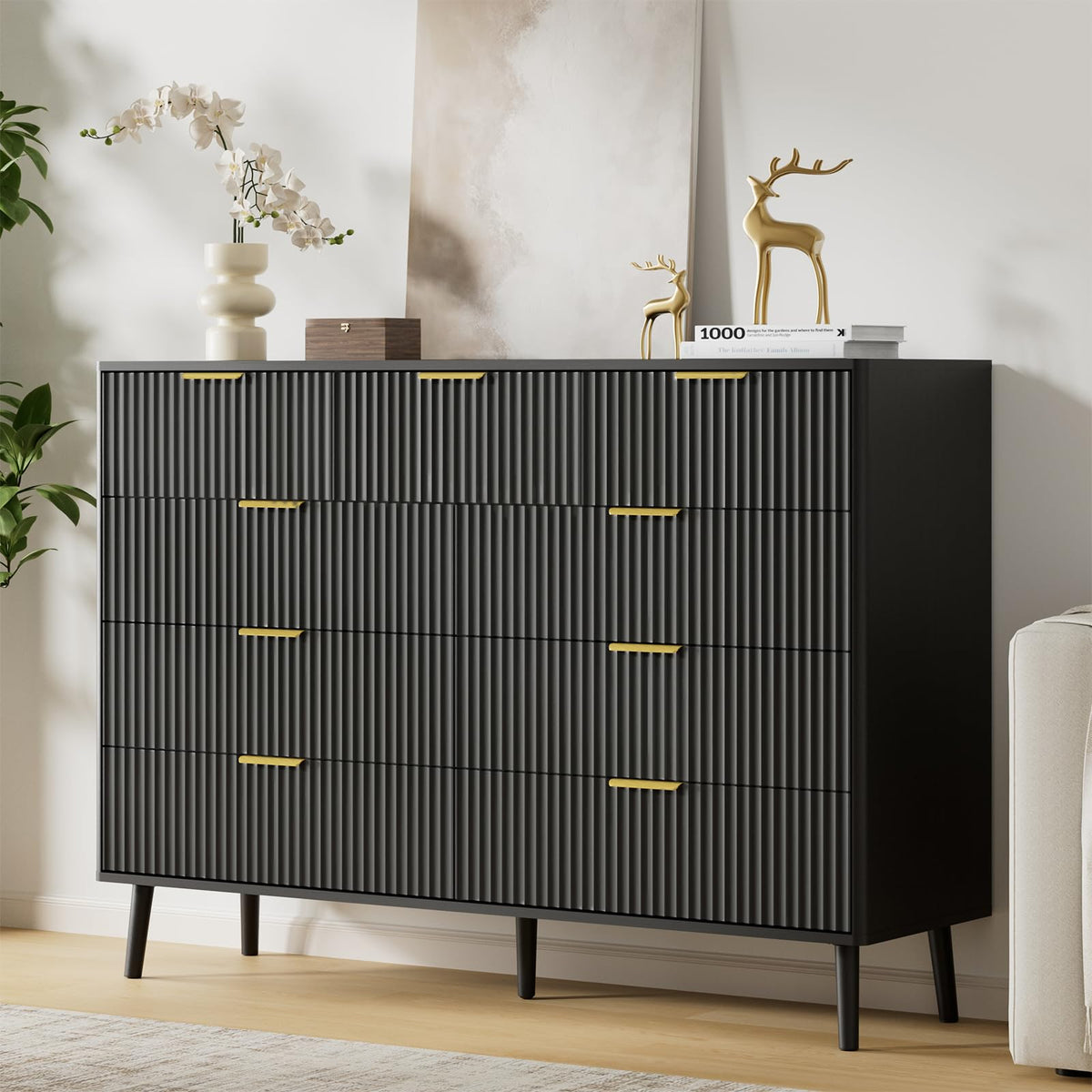 Black 9 Drawer Fluted Wood Dresser P1351