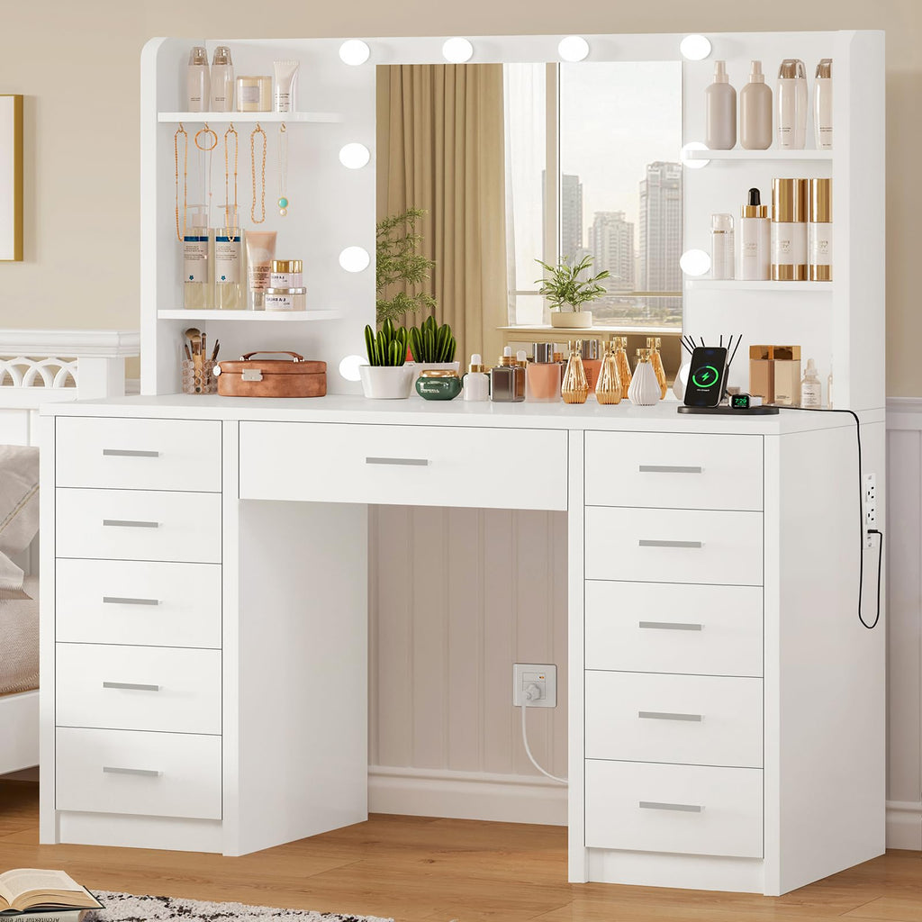 White Vanity Desk with Mirror and Lights M386
