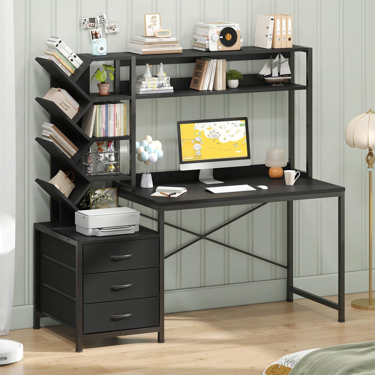 52" Computer Desk with Bookshelf, 3 Drawers & Hutch A305737