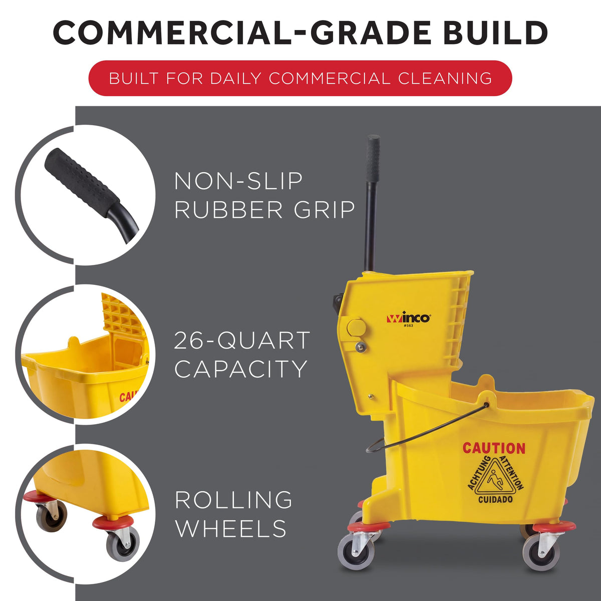 26 qt Yellow Plastic Mop Bucket on Wheels D50893