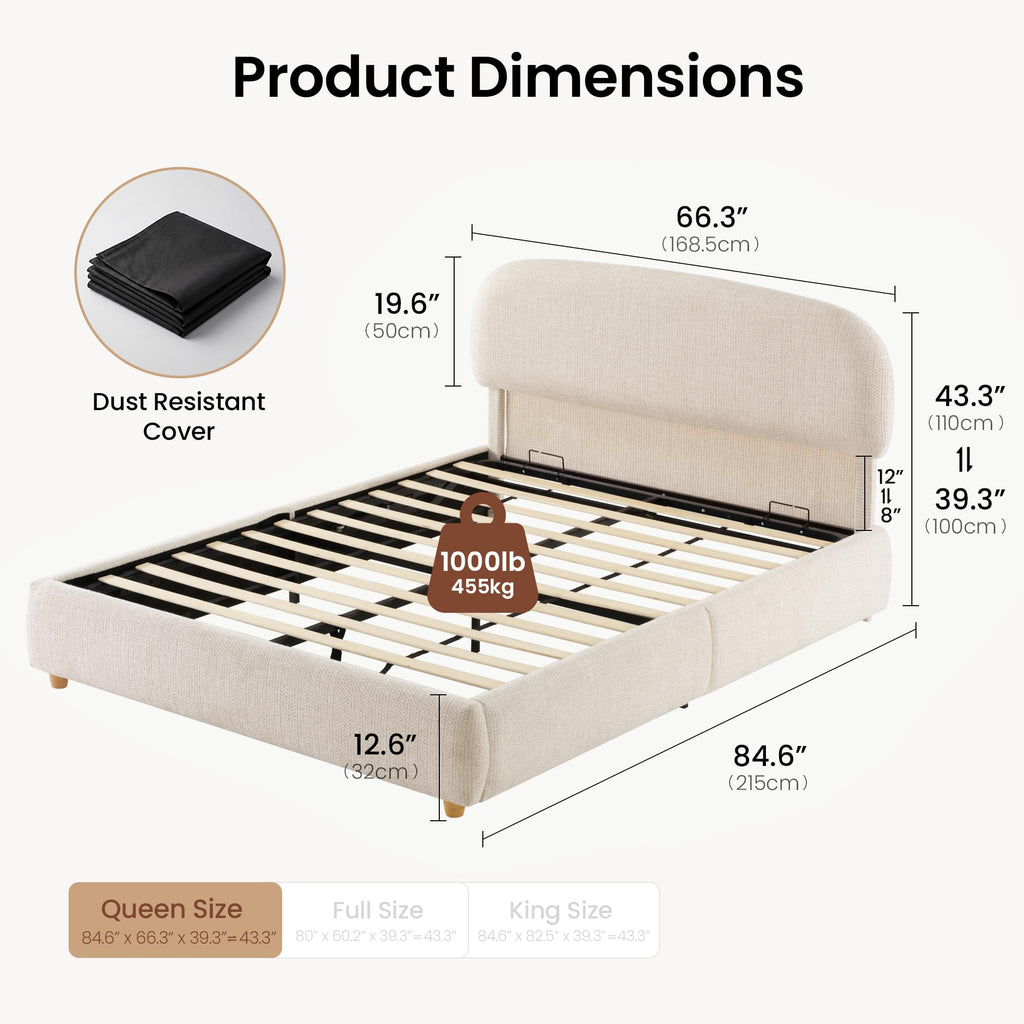 Queen Lift Up Storage Bed Frame with Adjustable Headboard, Beige P457