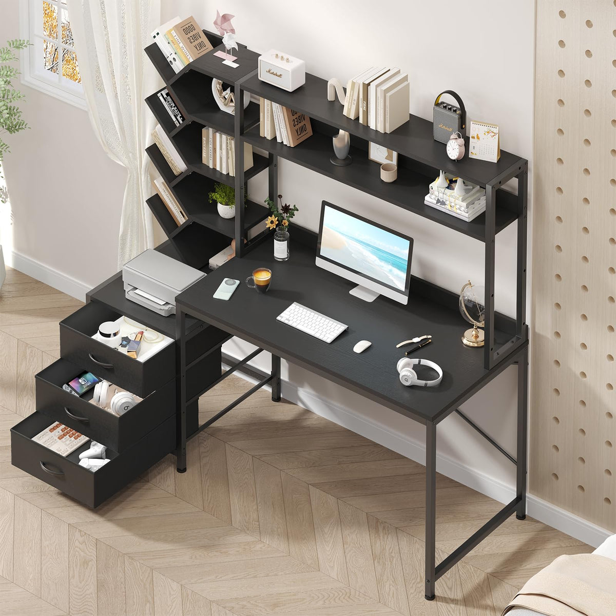 52" Computer Desk with Bookshelf, 3 Drawers & Hutch A305737