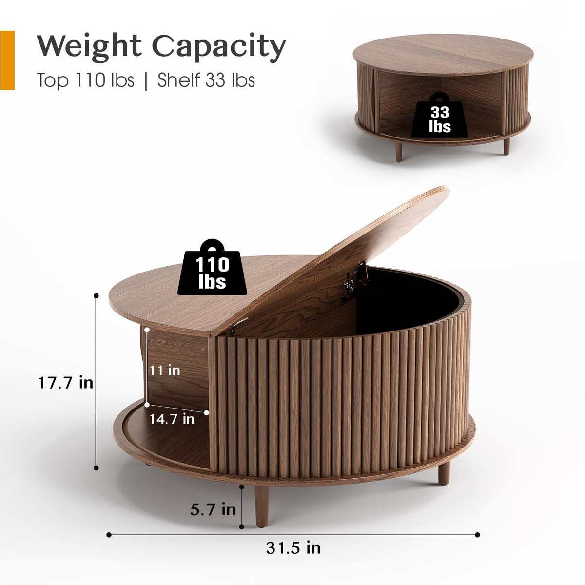 Round Coffee Table with Storage, 31.5", Walnut L1978