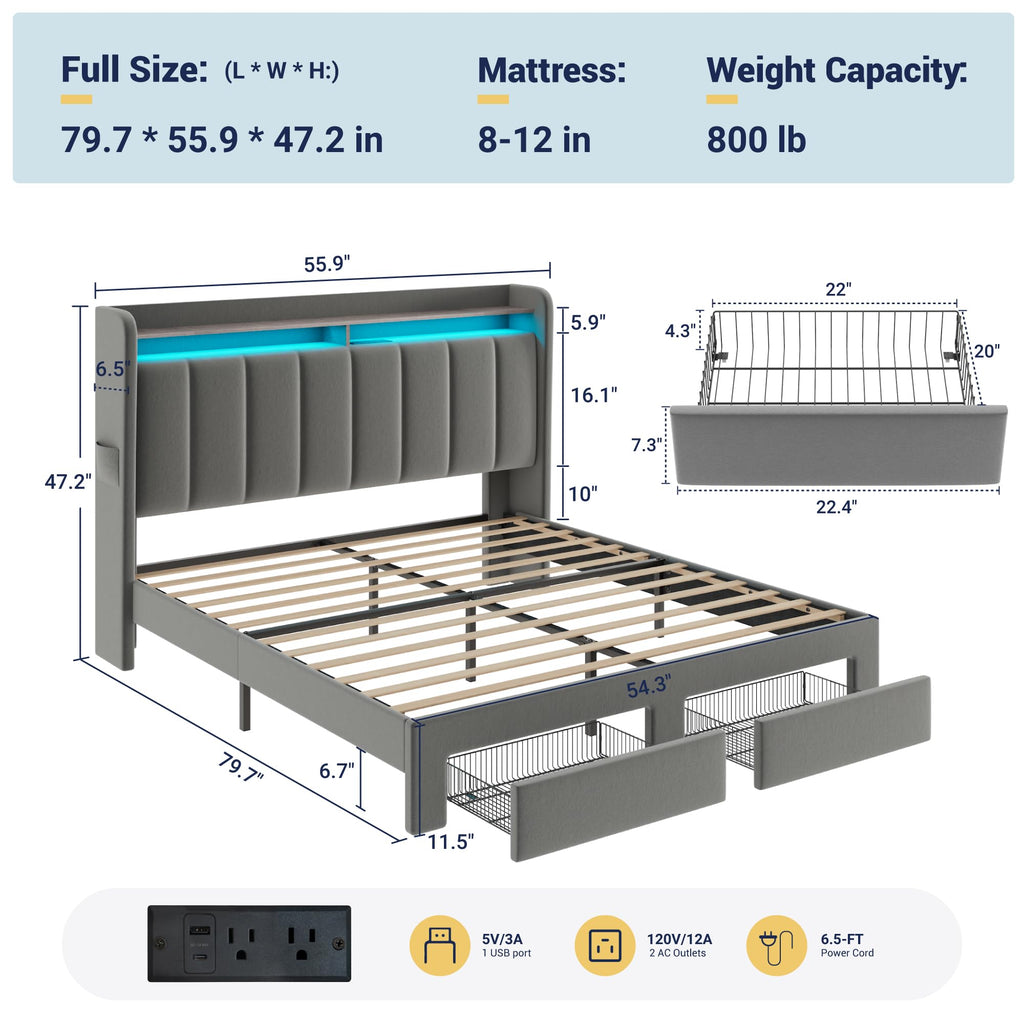 Full Size Bed Frame with Storage Headboard and Drawers K834485