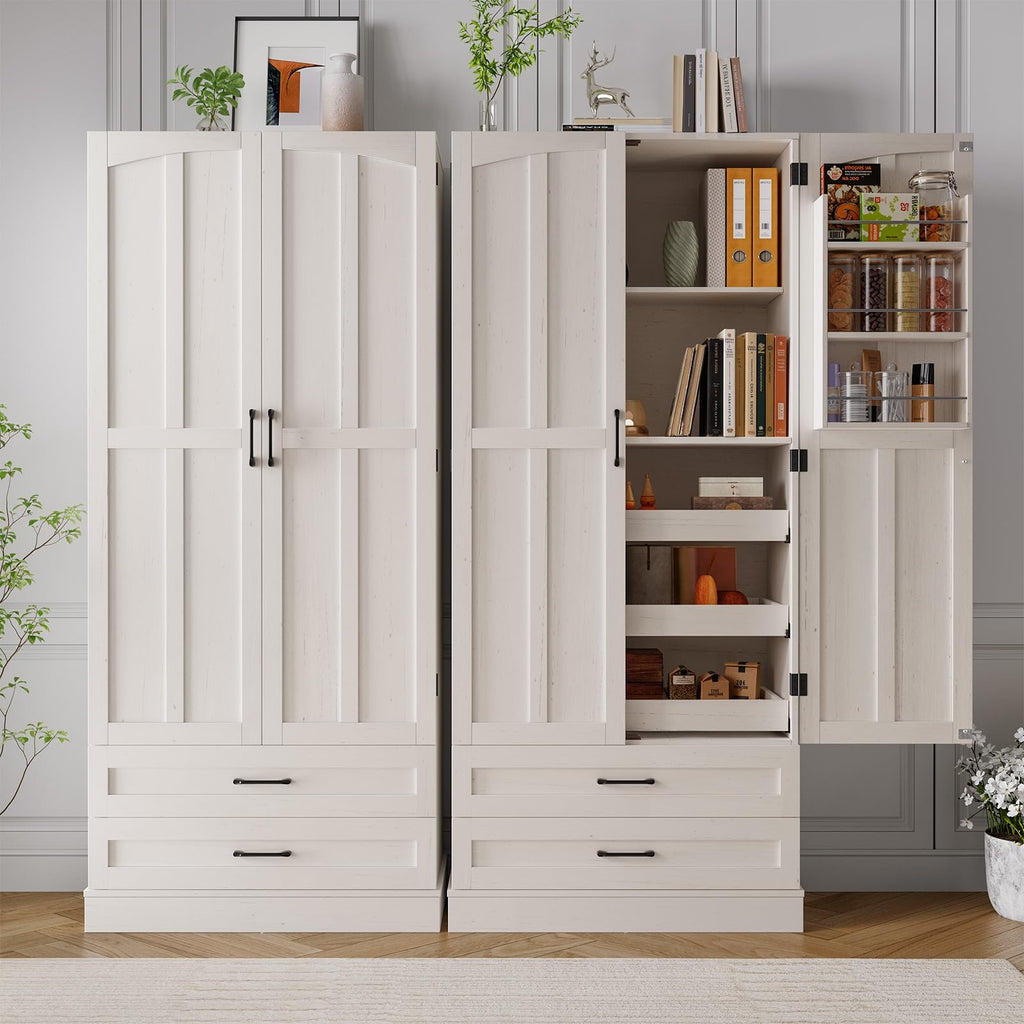 71" Off-White Kitchen Pantry Cabinet with 3 Pull-Out Shelf & 2 Drawer R203261