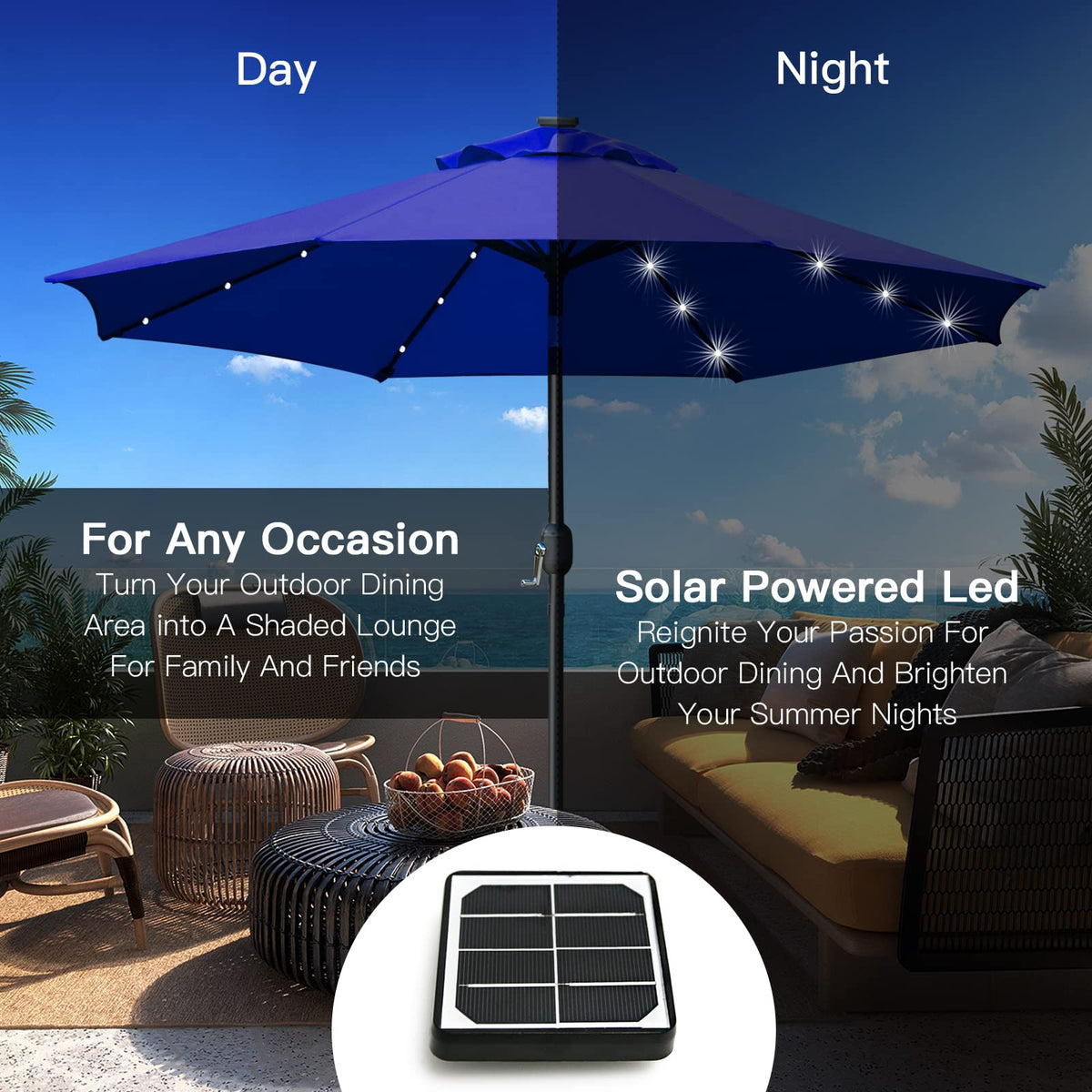 9' Solar LED Patio Umbrella, 8 Ribs, Tilt & Crank (Navy Blue) B6284
