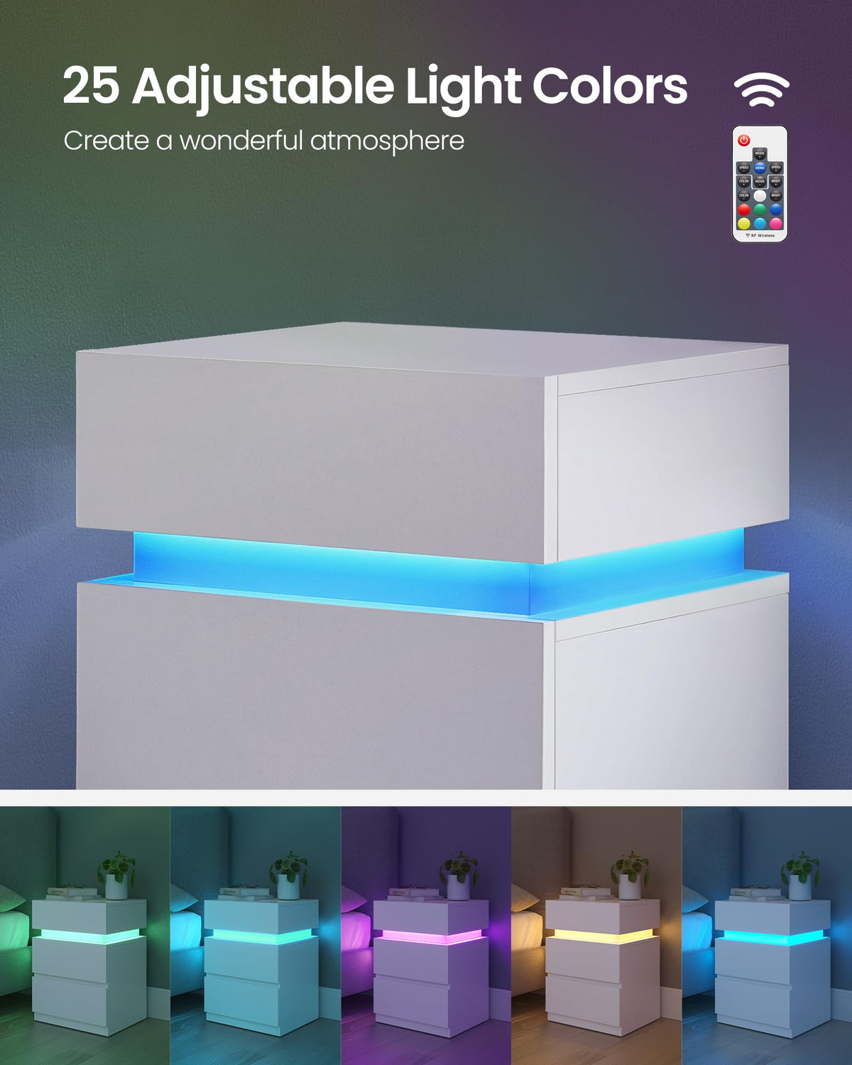 LED Nightstand with Charging Station, 3 Drawers D6502