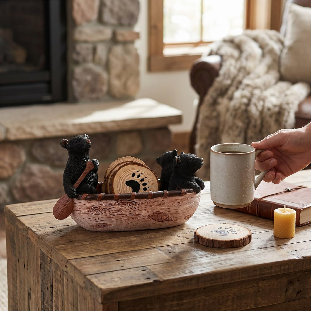 Set of 6 Black Bear Coaster Set with Canoe Holder J375