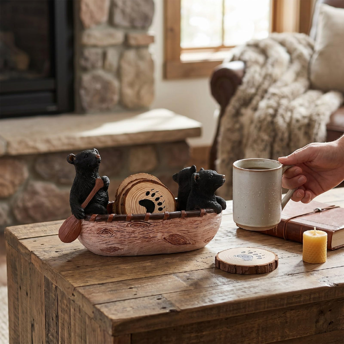 Set of 6 Black Bear Coaster Set with Canoe Holder J375