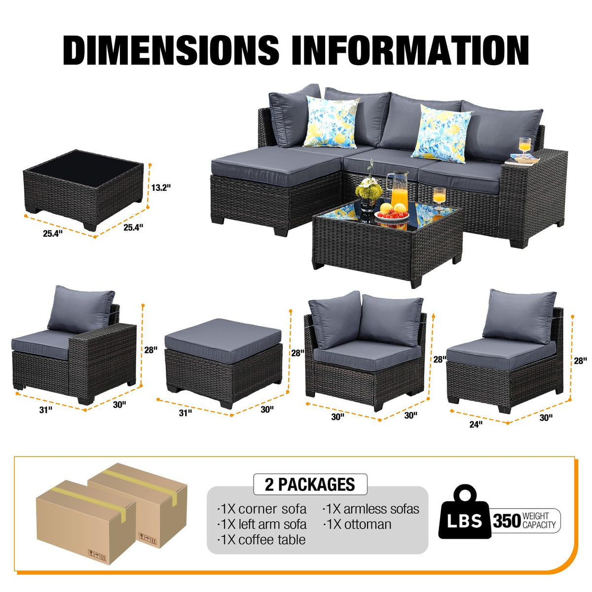 5 Pieces Wicker PE Rattan Patio Furniture Set with Cushion & Coffee Table, Grey L24854