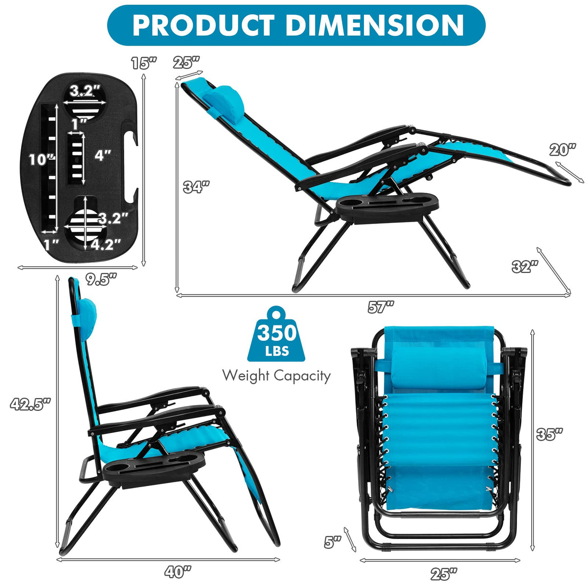 2 PCS Blue Zero Gravity Chair with Cup Holder A8569