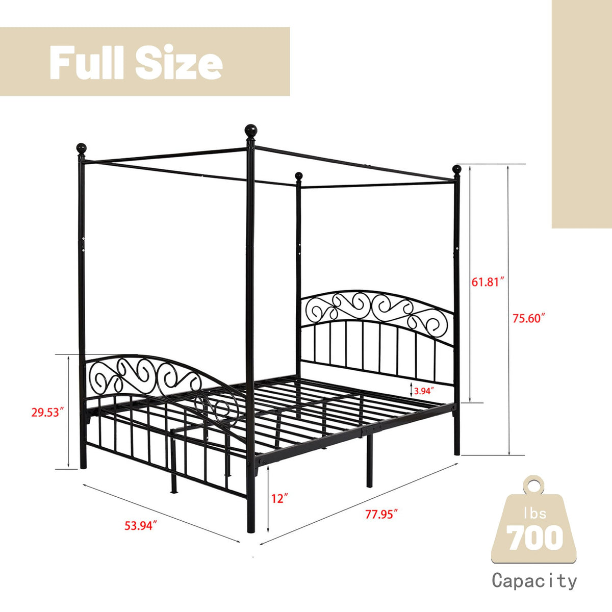 Black Four-Poster Metal Canopy Bed Frame I197604