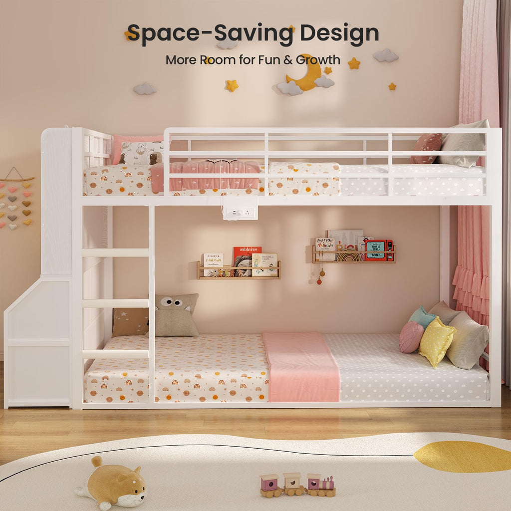 Twin Over Twin Bunk Bed with Bookshelf and Drawers E5949