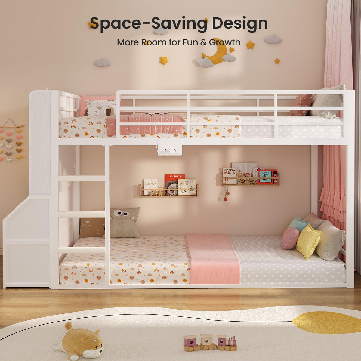 Twin Over Twin Bunk Bed with Bookshelf and Drawers E5949