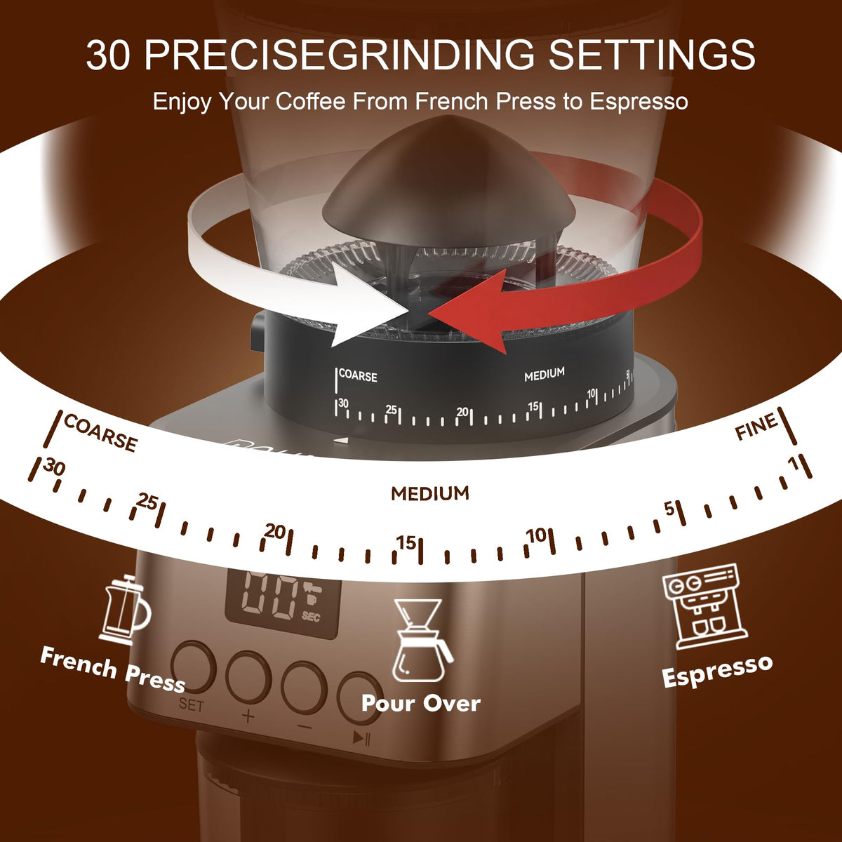 Electric Stainless Steel Conical Burr Coffee Grinder with 30 Grind Settings X978044