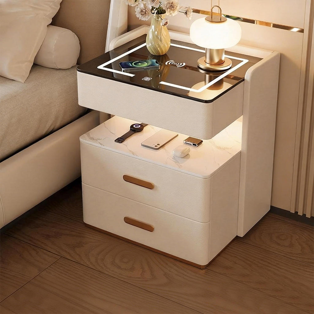 Smart Nightstand with 2 Storage Drawer, Wireless Charging Station, 3-Color Adjustable LED Light, Solid Wood Side Table K7391