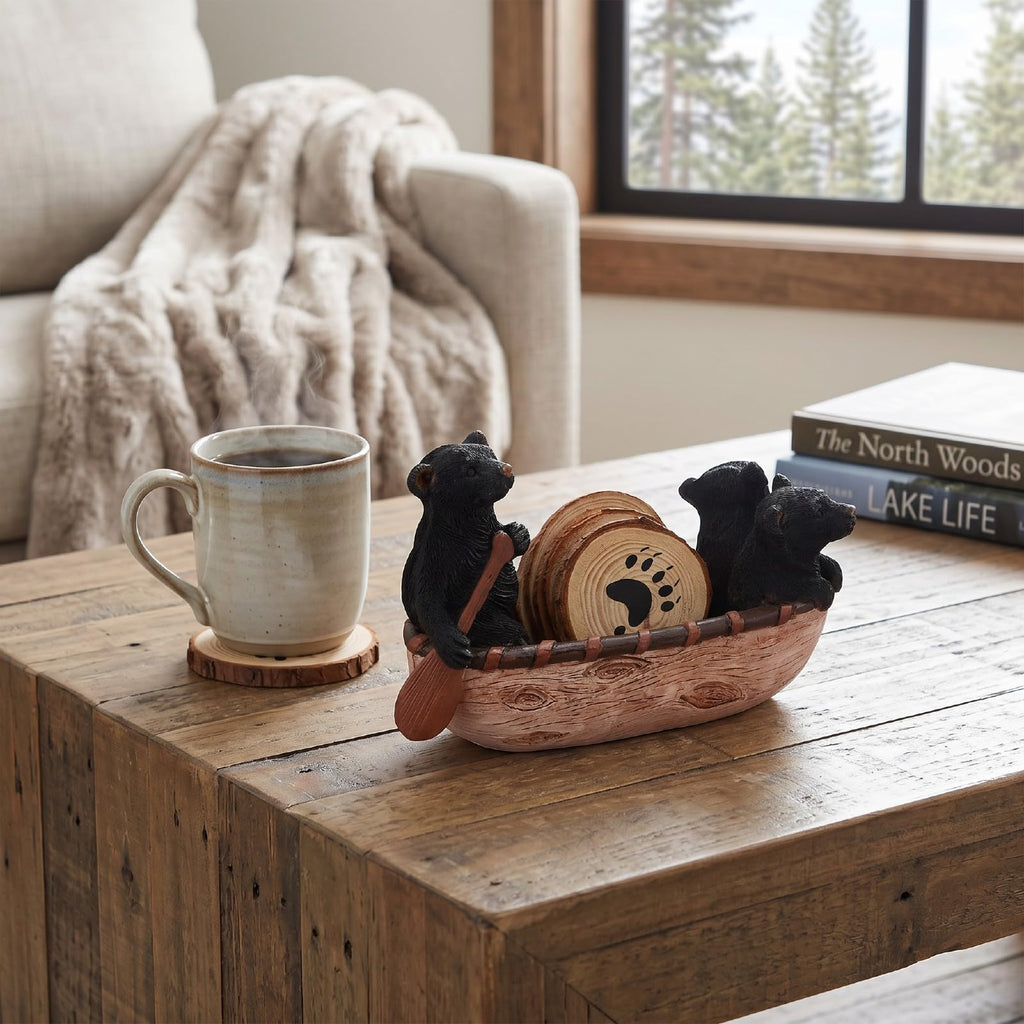 Set of 6 Black Bear Coaster Set with Canoe Holder J375